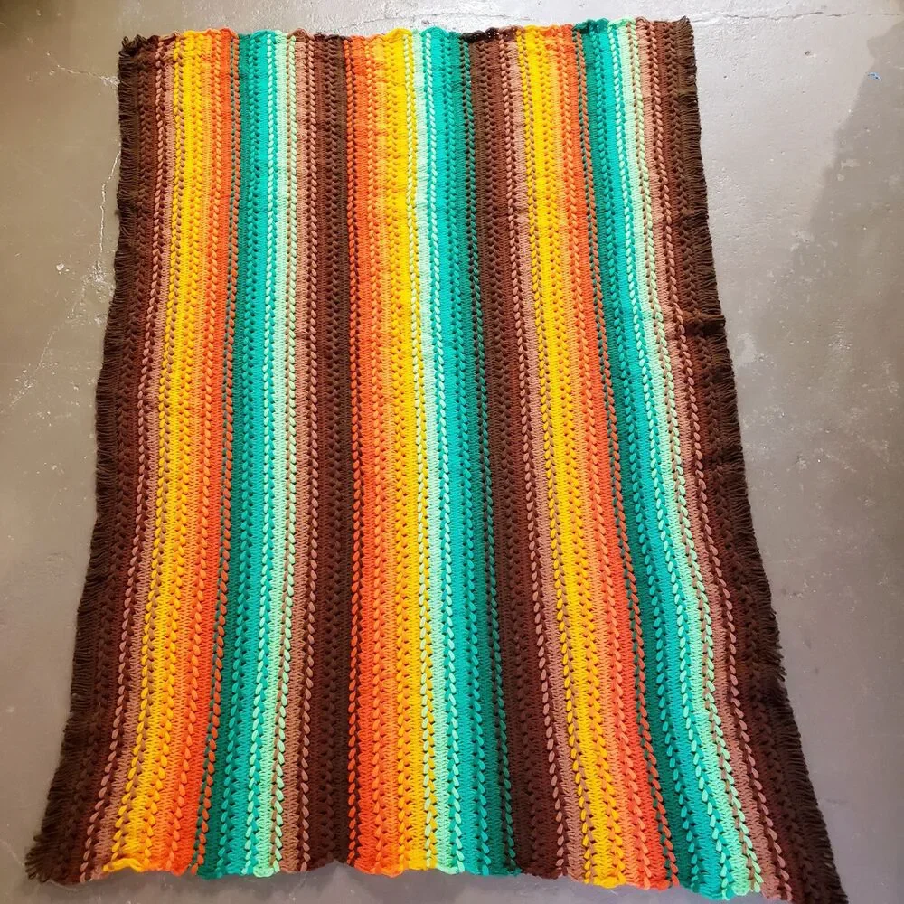 Vintage Afghan Crochet Throw Blanket Brown Green Orange Stripes Fringe MCM